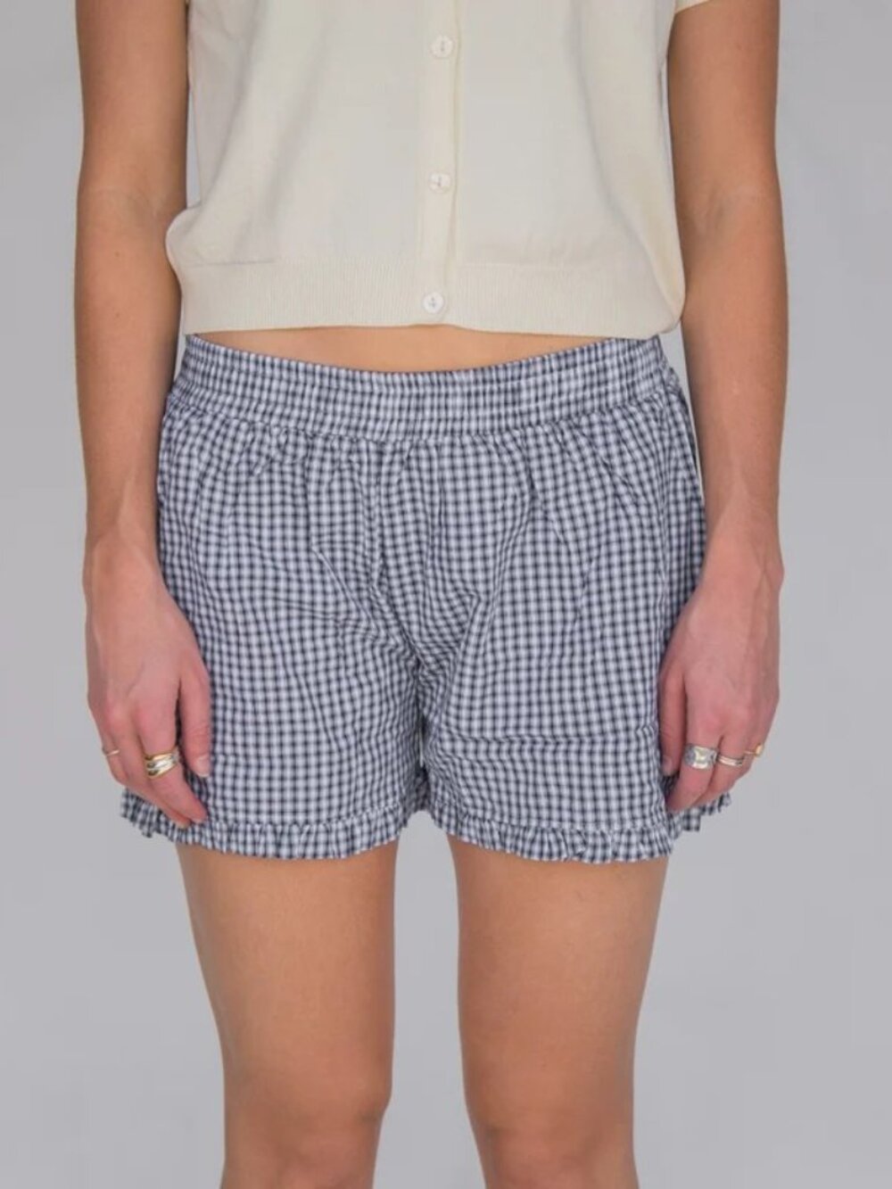 High-Waist Navy Gingham Ruffle Hem Shorts